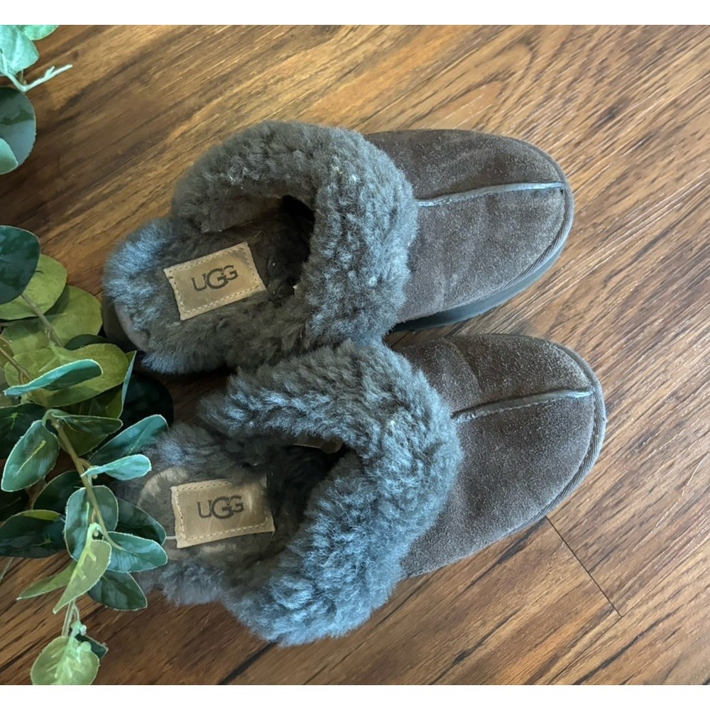 UGG Womens 6 DISQUETTE Gray SUEDE SHEEPSKIN PLATFORM SLIPPERS Look At Photos